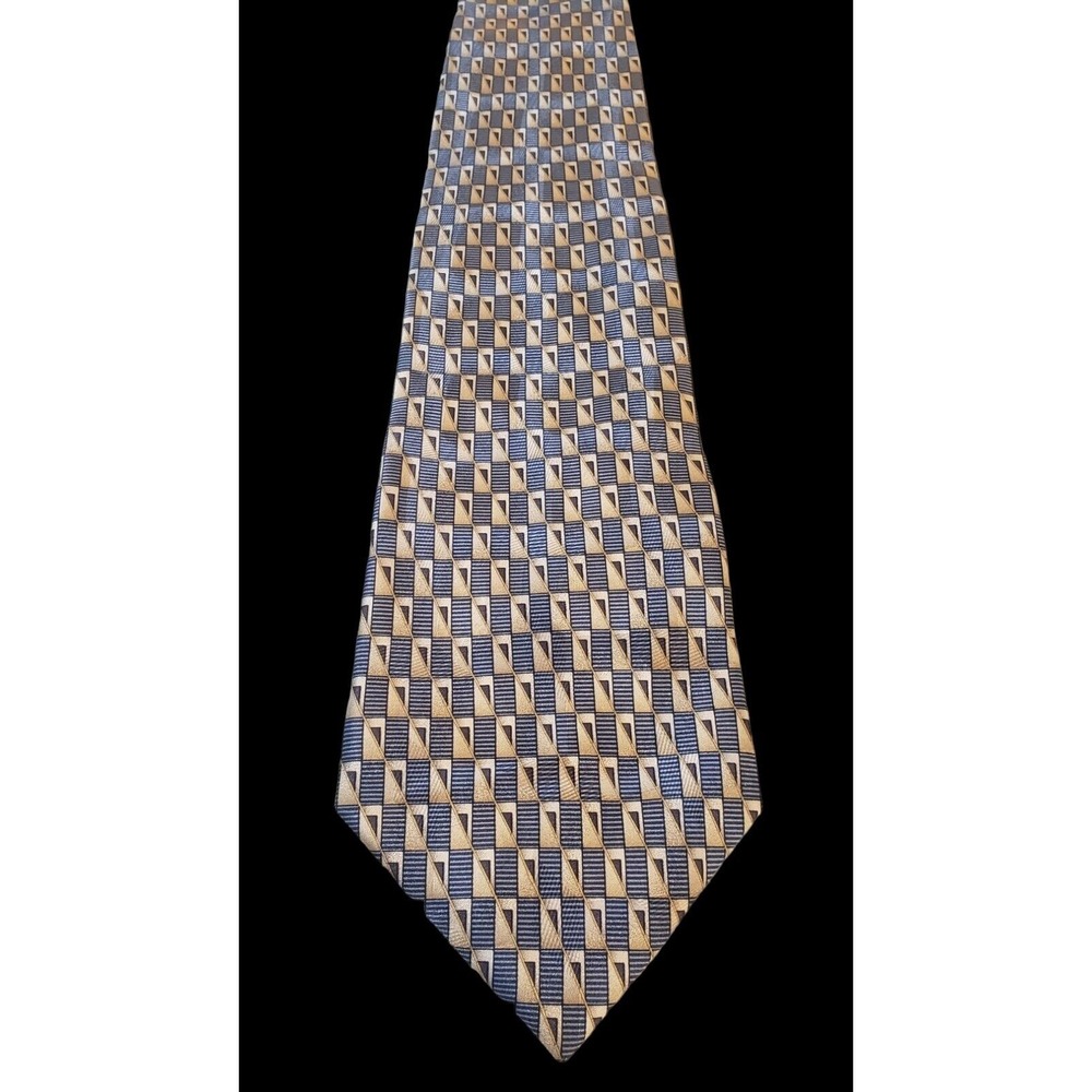 Facets 100% Silk Mens Neck Tie Geometric Patter Blue, Gold and Black Hand Sewn